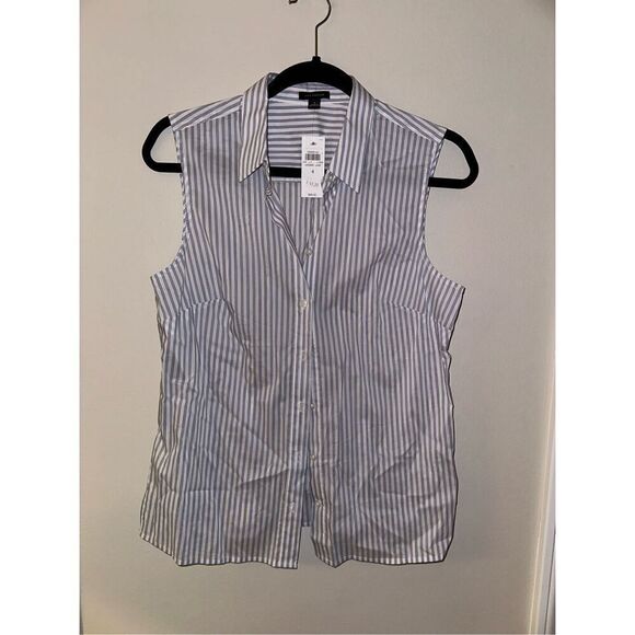 Ann Taylor NWT Blue White Striped Sleeveless Button Up Collared Blouse 4 - Picture 1 of 3